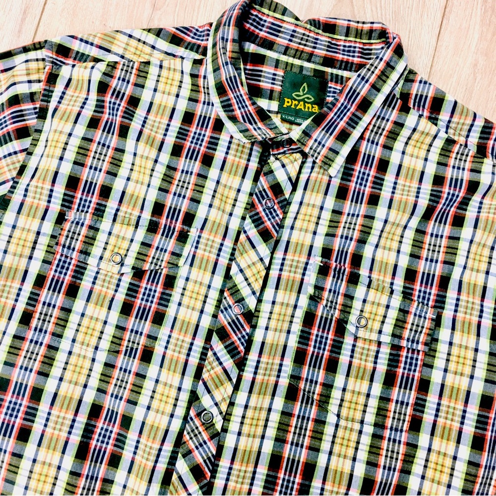 prAna Men's Yellow green Plaid Button-Up Shirt preppy polo western cowboy XL